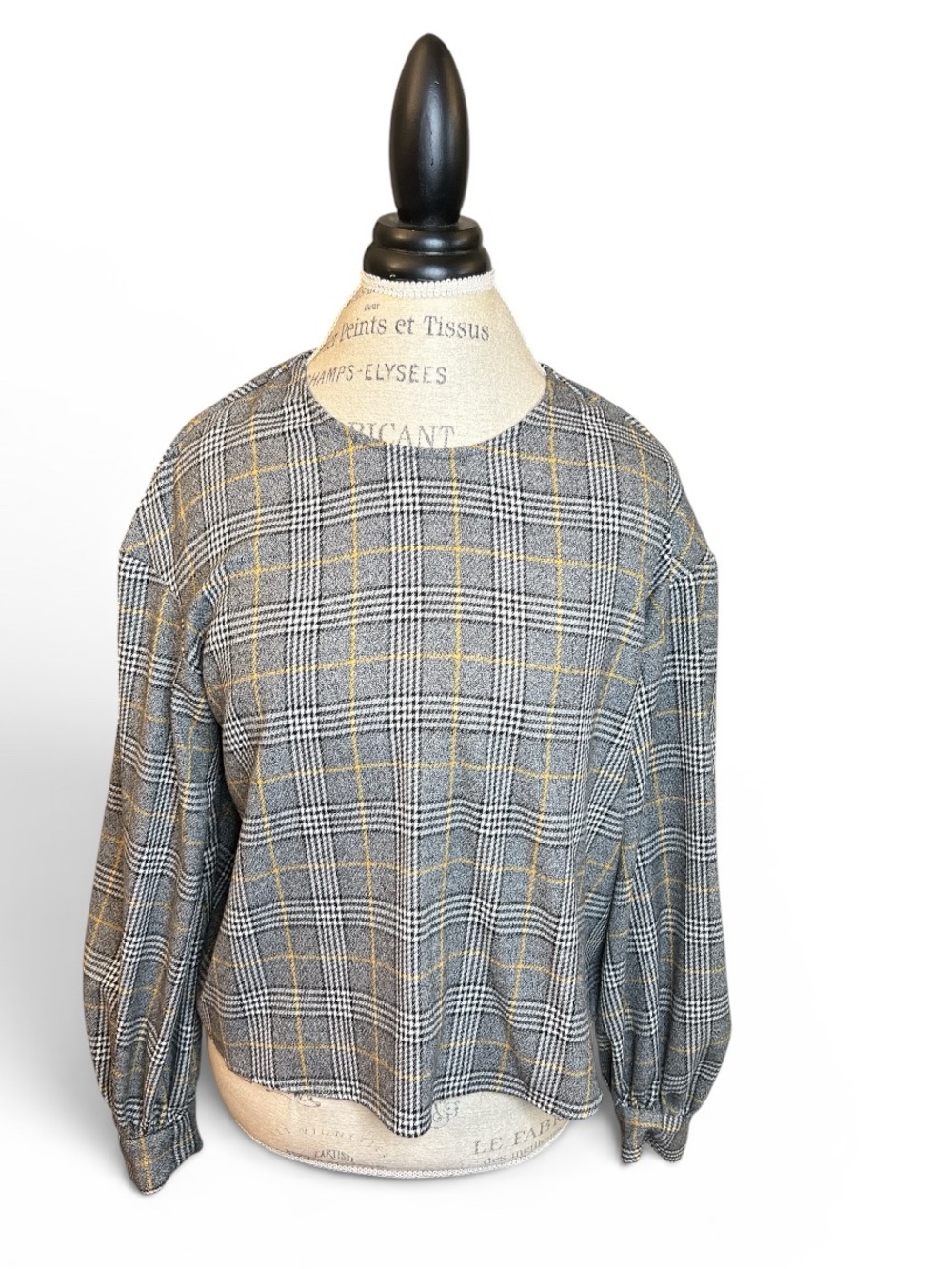 Express Gray Plaid Long-Sleeve Top with Mustard Windowpane